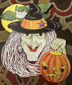 Vintage Ephemera Halloween Die Cut Decor Witch Pumpkin Spooky Wall Art Kitschy - Picture 1 of 3