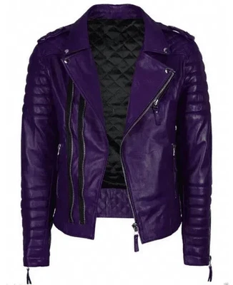Jaqueta de couro masculina de motociclista acolchoada de pele de cordeiro roxa ajuste fino feita à mão - Imagem 1 de 4