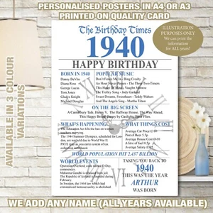 1940 85. Geburtstag personalisiert UK Fakten Zeitung GESCHENK Erinnerung Poster 71 - Bild 1 von 9