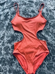 NWT Aerie Swimsuit L Large Ribbed Shine Side Scoop One Piece Coral Orange NEW - Picture 1 of 6