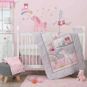 BO - Rainbow Unicorn Fox, Squirrel & Owl Pink 3 Piece Baby Girl Crib Bedding Set - Picture 1 of 5