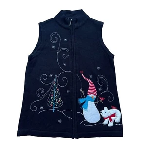 Christopher & Banks Damen klein Winter Weihnachten schwarz bestickt durchgehender Reißverschluss Weste - Bild 1 von 14