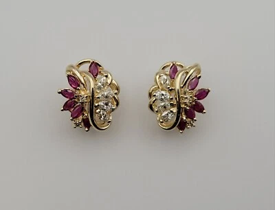 14k Marquise Rubies & Marquise Diamonds 0.86ctw Ladies Omega Clip Earringa - Image 1 of 4