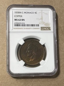 Monaco - 1838 MC Copper 5 Centimes (NGC MS 62) - Picture 1 of 4