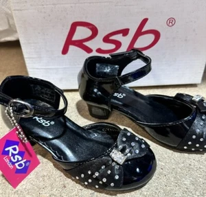 Girls Infant Party Xmas Shoes Black Patent Bows Diamanté Heel Inf Uk9 - Picture 1 of 7