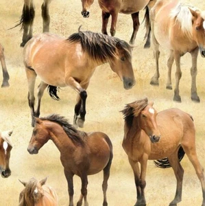 Greener Pastures Brown Wild Horses Cotton Quilt Fabric by the Yard - Picture 1 of 2