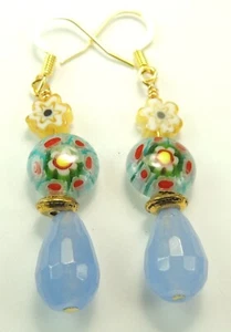 Blue Agate Briolette Earrings Yellow Multi Color Millifiori Floral Handmade - Picture 1 of 1