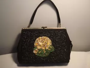 Vintage Black Floral Glued on Beaded Handbag - Picture 1 of 6