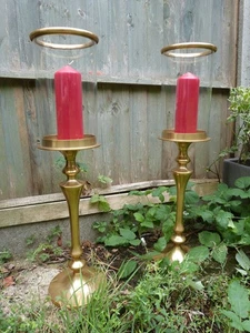 PAIR TALL STORM CANDLE HOLDERS METAL GLASS CHURCH STYLE GOLD 28"HIGH - Picture 1 of 24