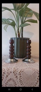 Vintage Pair of Wooden Turned Bobbin Candlesticks Candle Holder 16cm Tall - Picture 1 of 6