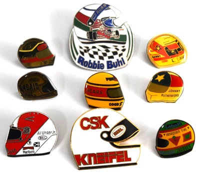 Vintage Lot of 9 Indycar - CART Driver Helmet Hat Pins, Pinbacks. Most are RARE! - Image 1 of 4