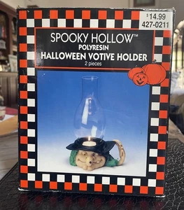 Vintage 1998 Spooky Hollow Witch Polyresin Halloween Votive Candle Holder 2 Pc - Picture 1 of 12