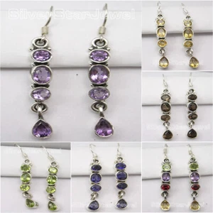 925 Pure Silver Real Stones LONG Earrings ! Handcrafted Engagement Jewelry NEW - Picture 1 of 28