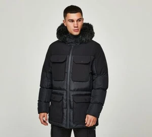 Chaqueta Alessandro Zavetti Puffer Parka Abrigo Con Capucha Imitación Piel Marchetti Negro - Imagen 1 de 9