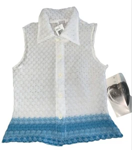vintage 90’s Y2K XOXO blue white Sleeveless Button Down Shirt Crochet Sz M Women - Picture 1 of 9