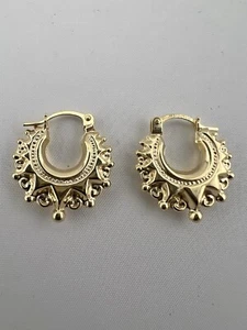 9ct Gold Victorian Style Spiked Round Creole Hoop Earrings 15mm | Small Size - Picture 1 of 5