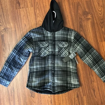 Kids Ocean Current Plaid Hooded Flannel Style Jacket with Button Closure Youth L Foto 1 de 4