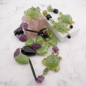 Princess Amanda Borghese Simulated Jade Turtle Purple Black Necklace Earring Set - Picture 1 of 8