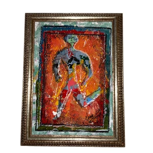 VINTAGE 90s abstract original hand painted PAINTING by C.Cole running portrait - Picture 1 of 8