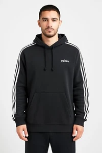 Adidas Black Hoodie White Stripes Kangaroo Pocket Drawstring Size Large Unisex - Picture 1 of 14