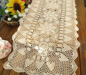 15"x35" Vintage Hand Crochet Lace Table Runner Rectangle Dresser Scarf Doily - Picture 1 of 13