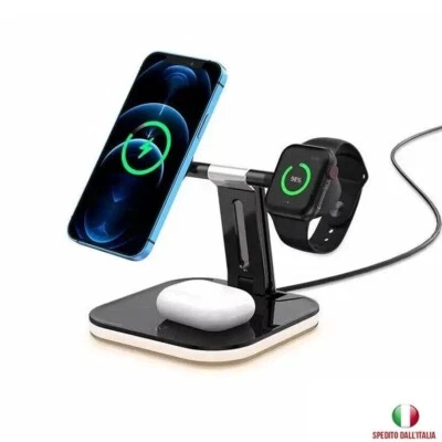 PAD STAZIONE DI RICARICA WIRELESS IPHONE AIR PODS I WATCH 3 IN 1 CARICA VELOCE - Immagine 1 di 3