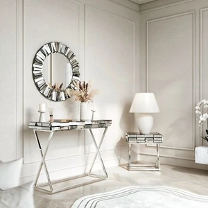 Silver Mirrored Console Table Round Wall Mirror Side Table Living Room Furniture - Picture 1 of 8