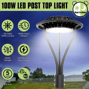 100W LED Post Top Light Dusk to Dawn Commercial Parking Lot Street Pole Fixtures - Picture 1 of 10