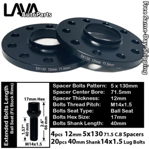 4PC 12MM THICK 5X130 71.5MM C.B WHEEL SPACER+14X1.5 BOLT FIT AUDI VW PORSCHE - Picture 1 of 2