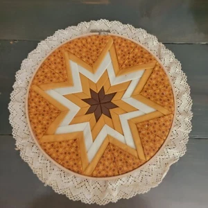 Vintage Handmade Folded Starburst Quilt Hoop Wall Decor Floral Boho Grannychic - Picture 1 of 4