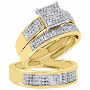 10K Yellow Gold Diamond Square Engagement Ring Wedding Matching Trio Set 0.63 Ct - Picture 1 of 8