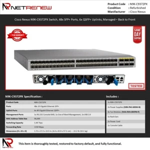 Cisco Nexus N9K-C9372PX Switch, 48x SFP+ Ports, 6x QSFP+ Uplinks, Managed – B-F - Picture 1 of 1