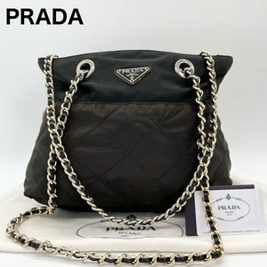 Prada Nylon Quilted Chain Tote Bag Black Logo Authentic Unisex Excellent - Picture 1 of 11