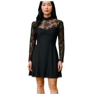 Vtg Adele Simpson Black Silk Dress Lace Sheer 10 Whimsigoth Goth Victorian 80s - Picture 1 of 11