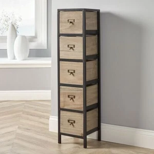 Chest 5 Drawers Tall Storage Unit Rustic Brown Metal Legs Home Furniture Unit - Picture 1 of 4