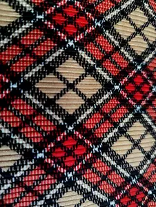 Pleated Plaid Red Tan Black Diagonal Fabric 4-Way Stretch Poly Ltwt 57x 55" W pc - Picture 1 of 7