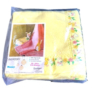 Vintage Baby Blanket Beacon Yellow Bunny Duck Lamb Binding USA 50" x 36" New - Picture 1 of 3
