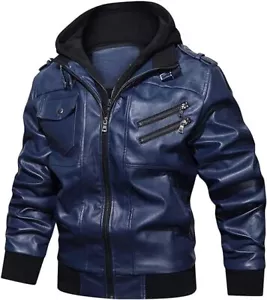 Chaqueta bombardero informal de cuero para motocicleta con capucha extraíble con cuello de soporte para hombre - Imagen 1 de 6