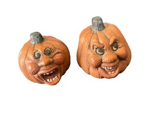 PAIR Mini Ceramic Anthropomorphic Funny Pumpkins Halloween Hand Painted - Picture 1 of 6