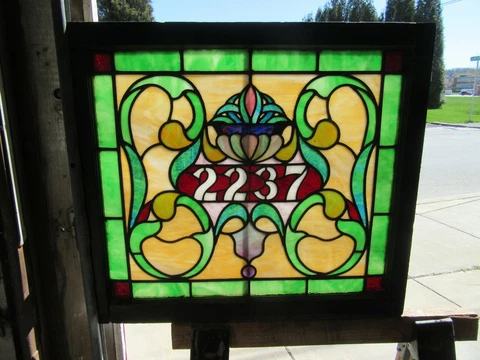 ~ ANTIQUE STAINED GLASS TRANSOM WINDOW ADDRESS 2237 ~ 29.25 X 26.5 ~ SALVAGE Cover