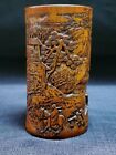 Qing, Early period A delicate fine carved figural & landscape wood brush pot. 
