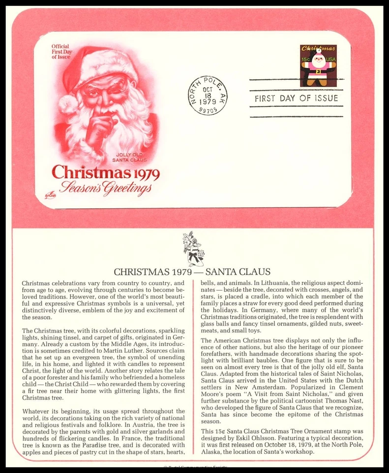 1979 Christmas Seasons Greetings Sc 1800 FDC PCS page gingerbread Santa holiday - Image 1 of 1