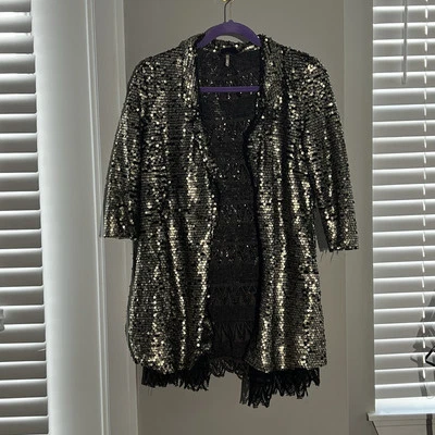 Куртка с открытой передней частью Free People потускневшая звездная пыль золото блестки кружевная отделка богемное XS - Изображение 1 из 4