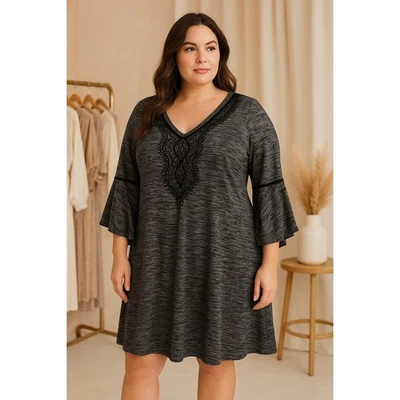Vestido Haani Mujer 1X Negro Gris Tejido Bordado Boho Manga Campana Gótico Bruja Foto 1 de 4