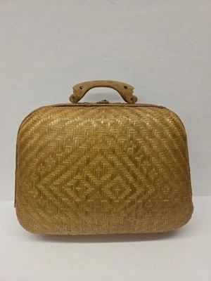 Vintage Woven Basket Box Purse Handbag Bamboo with Wood Latch And Handles  - Image 1 of 4
