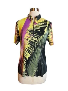 JAMIE SADOCK Golf Top M Black Yellow Purple Plisse Short-sleeve Polo Stretch - Picture 1 of 6