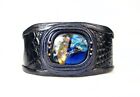 Adjustable Artistic Genuine Sculpted Leather Cuff Bracelet-Dichroic Glass Stone