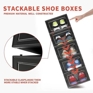 12 Pack Shoe Organizer Boxes, Black Plastic Stackable Shoe Storage Bins For Clos - Picture 1 of 24