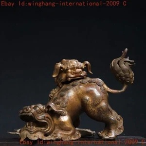 Antigua estatua china de bronce dorado Fengshui diablo animal Foo perro león bestia - Imagen 1 de 9