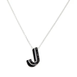 Colleen Lopez Real Black Diamond J Initial Letter Pendant+Chain Sterling Silver - Picture 1 of 1